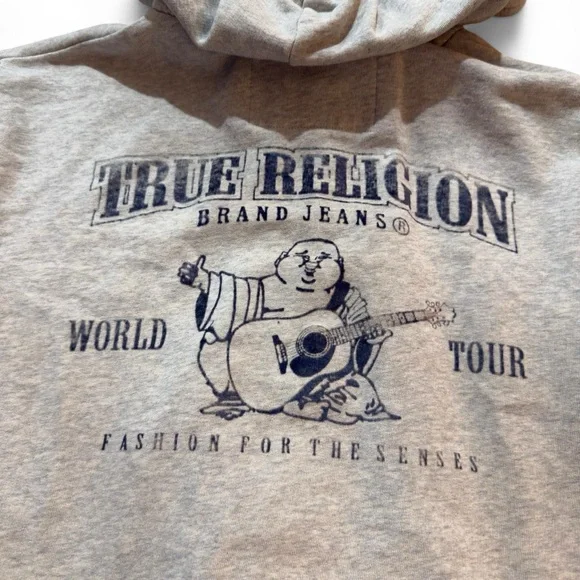 True Religion Light Grey Zip-Up Hoodie with Navy Velvet Logo Graphic — L - Y2K - Picture 3 of 8